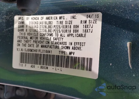 2015 Honda Cr-V Touring from USA, damaged, VIN 5J6RM3H91FL016841